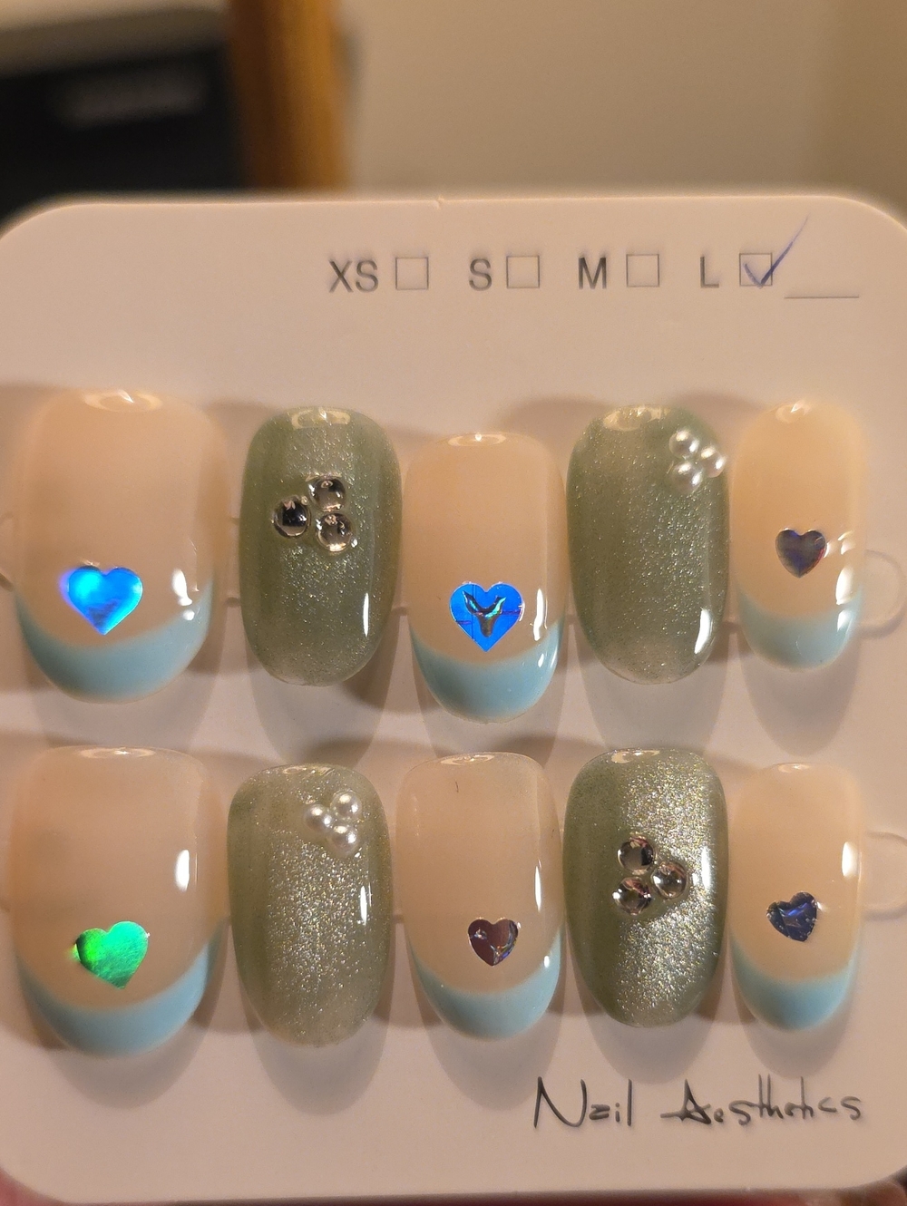 Reusable Press-On Nail Set - Green & Nude with Blue Accents Size Large